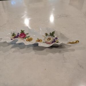 Leaf-Shaped Porcelain Dish with Gold Accent 11" x 4.5"